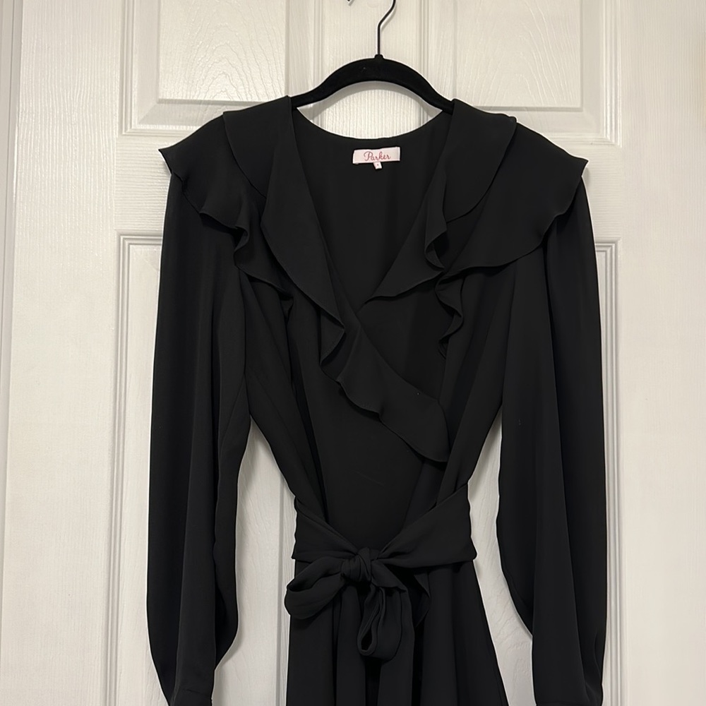 Parker Black SURPLICE TIE FRONT COCKTAIL 🍸 long sleeve Mini DRESS size 2 🏖️ - Picture 6 of 12
